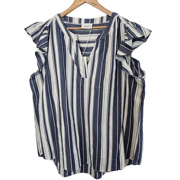 Andree by Unit Blouse Womens 2X Navy Striped Flutter Sleeve Boho Relaxed Woven - Picture 1 of 7
